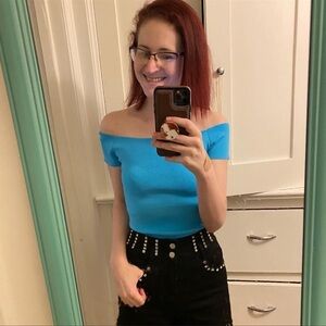 NanaMacs Blue Ribbed Blouse One Size